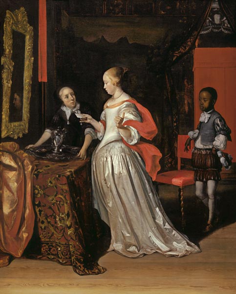 A Lady Holding A Letter Attended By A Negro Page As A Maid Places A Silver Ewer And Basin On A Table from Eglon Hendrick van der Neer
