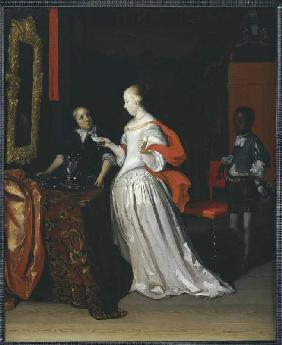 Eine Dame mit Brief wird bedient von einem Pagen, während eine Magd ein Silberkrug und ein Becken au