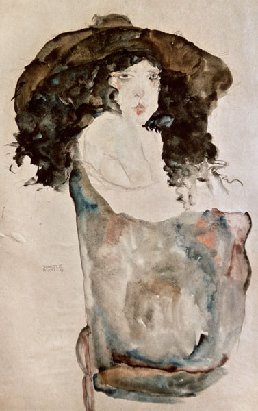 Girl with blue-black hair and hat. from Egon Schiele