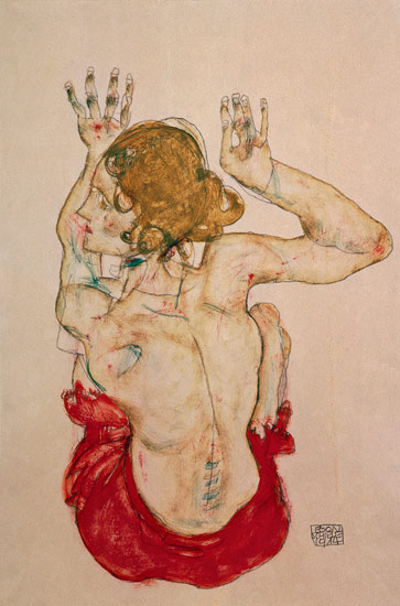 Back act of a girl sitting on a red cloth from Egon Schiele
