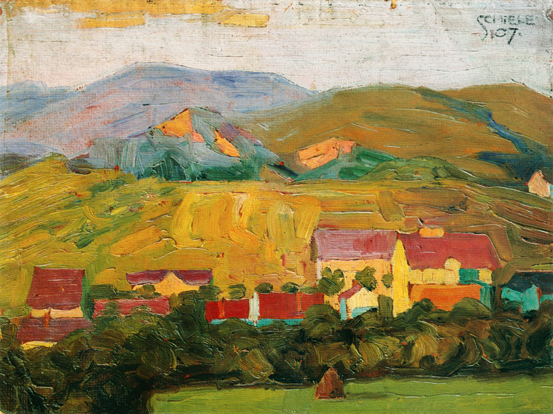 Village with mountains from Egon Schiele