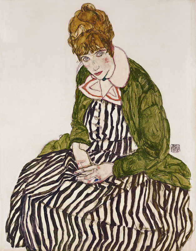Edith Schiele in Striped Dress, Seated from Egon Schiele