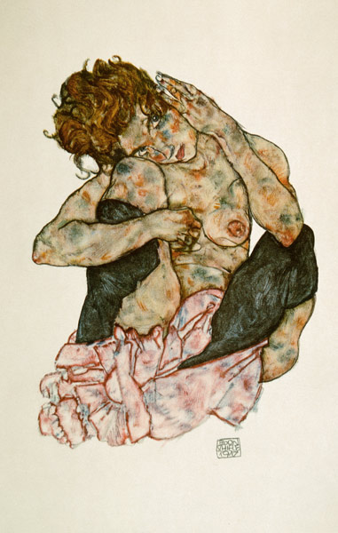Naked girl with her cheeck on her right knee from Egon Schiele