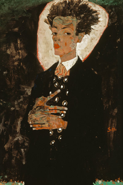 Self-portrait with peacock waistcoat, stationary. from Egon Schiele