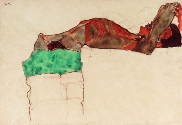 Lying masculine act with a green cloth from Egon Schiele