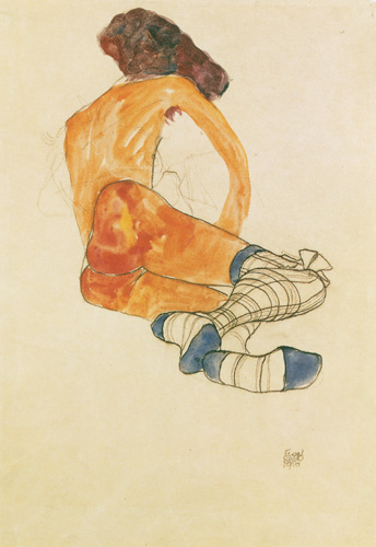 Sedentary female act with a blue stocking ribbon, seen by the back from Egon Schiele