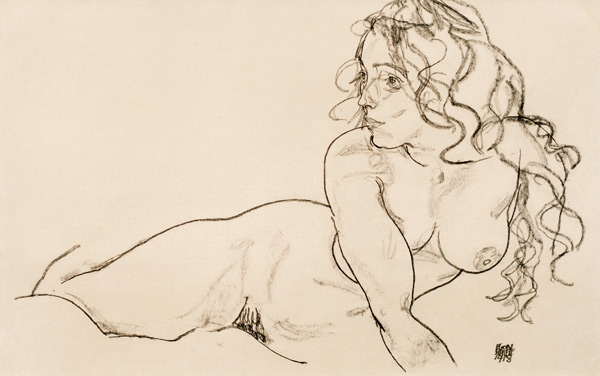 Resting woman with long hair from Egon Schiele
