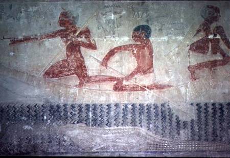 Fishermen and a crocodile from the North wall of the Mastaba Chapel of Ti, Old Kingdom from Egyptian
