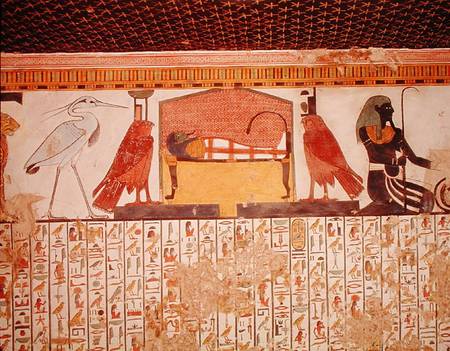 Mummy on a funeral bed with various divinites, from the Tomb of Nefertari, New kingdom from Egyptian