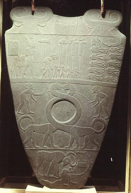 The Narmer Palette: ceremonial palette depicting King Narmer, wearing the red crown of Lower Egypt, from Egyptian