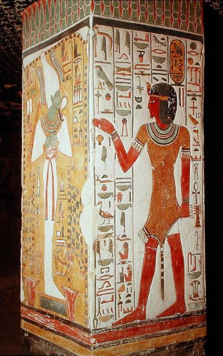 Pillar depicting Osiris and a priest wearing a panther skin, from the Tomb of Nefertari, New Kingdom from Egyptian