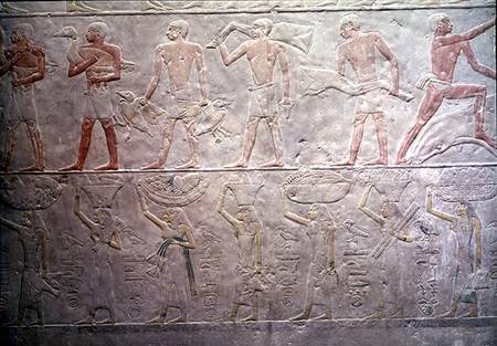 Relief depicting people carrying offerings of food, from the Mastaba of Akhethotep, Old Kingdom from Egyptian