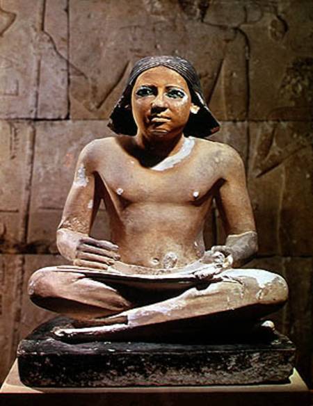 Scribe seated cross-legged holding a papyrus scroll, from Saqqara, Old Kingdom c.2475 BC from Egyptian