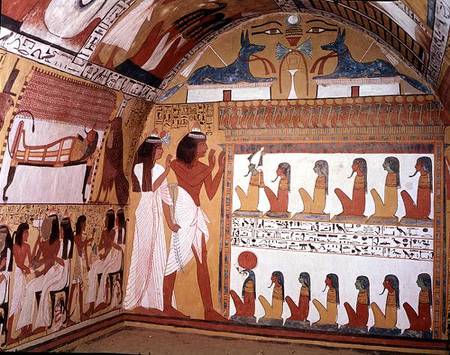 Sennedjem and his wife facing a naos containing twelve divinities, from the west wall of the Tomb of from Egyptian