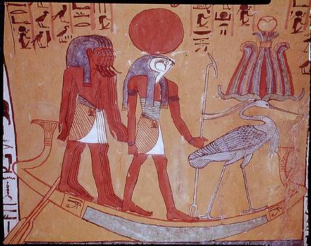 Solar barque with Re-Horakhty, the benu bird and four other deities, from the Tomb of Sennedjem, The from Egyptian