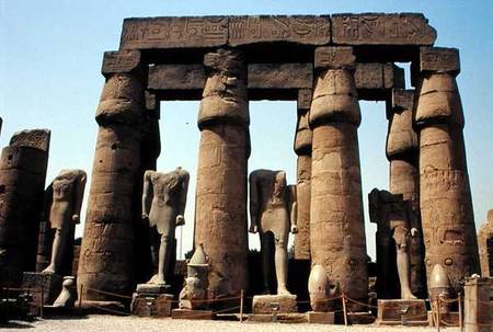 Statues of Ramesses II (1298-32 BC) and papyrus-bud columns in the Peristyle Court, New Kingdom from Egyptian