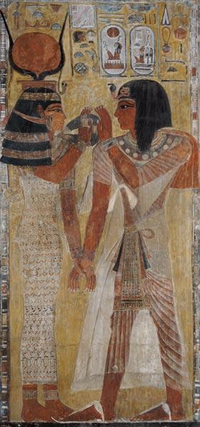 The Goddess Hathor placing the magic collar on Seti I (c.1394-1279 BC), taken from the Tomb of Seti