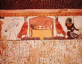 Mummy on a funeral bed with various divinites, from the Tomb of Nefertari, New kingdom