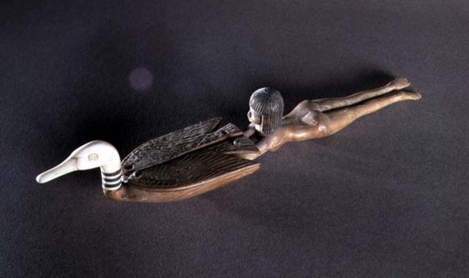 Spoon with a flattened handle in the form of a swimmer, New Kingdom, c.1400 BC (wood & ivory) (see a from Egyptian 18th Dynasty