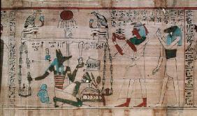 Detail from the Book of the Dead of the priest Aha-Mer depicting Anubis weighing the heart of the de