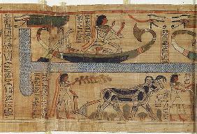 Detail from the Book of the Dead of the priest Aha-Mer depicting a barque and a farming scene, Third