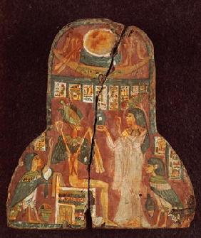 Lid of the coffin of the singer, Toarnemiherti, showing the deceased offering incense to Osiris enth