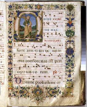 Ms 540 f.3r Page with historiated initial 'M' depicting St. Andrew, from a choir book from San Marco