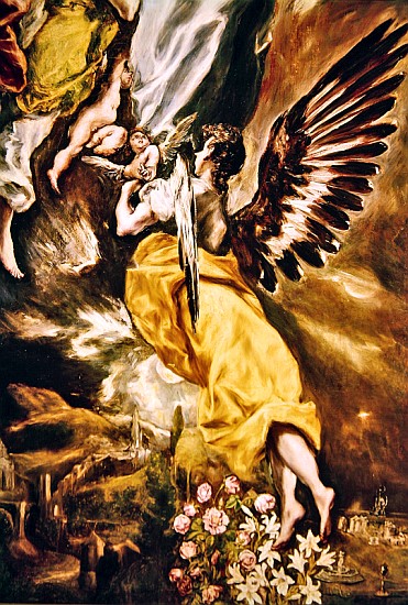 The Immaculate Conception (detail of angel, flowers, Marian attributes and Toledo) 1607-13 (see also from El Greco (aka Dominikos Theotokopulos)