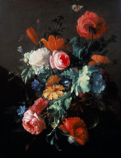 Poppies, Roses, Lilies, Daisies, a Convolvulus and Other Flowers in a Glass Bowl on a Ledge, with a