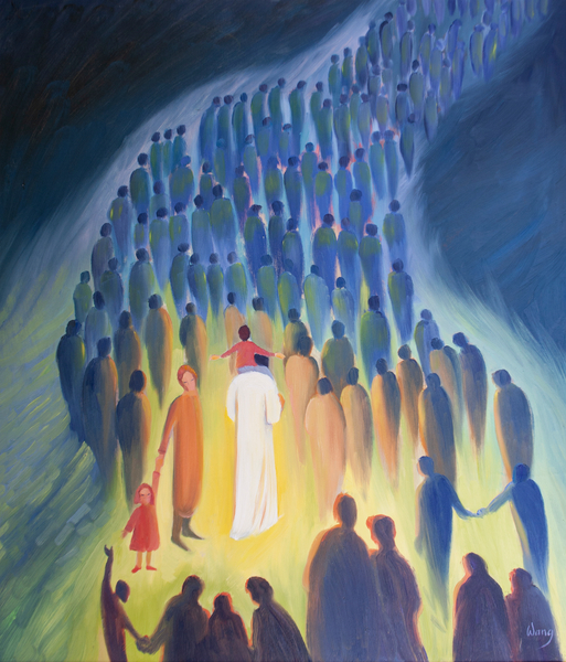 Christ walks amongst his people, with the pilgrims and the sick ones, a child on His shoulders from Elizabeth  Wang