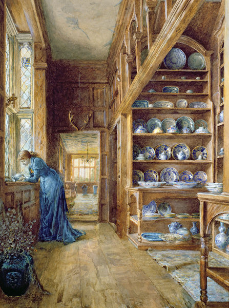 Interior of a panelled house with a collection of Imari and Blue and White Porcelain from Ellen Clacy