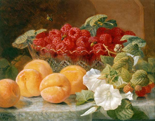 Bowl of raspberries and peaches from Eloise Harriet Stannard