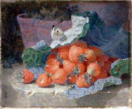 Strawberries in a Cabbage Leaf with a Flower Pot Behind from Eloise Harriet Stannard