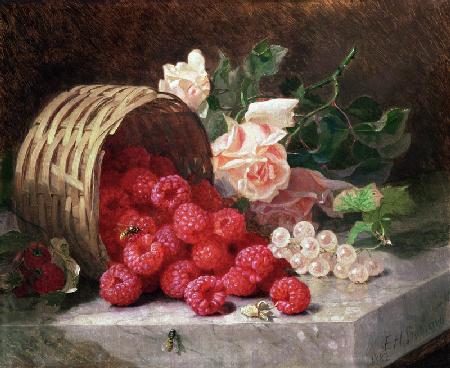 Overturned Basket with Raspberries and White Currants