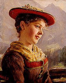 Dirndl in dress and with a red hat. from Emil Karl Rau