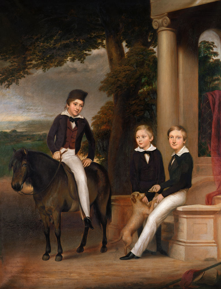 Portrait of John, George and Thomas Gladstone with their favourite pets from English School