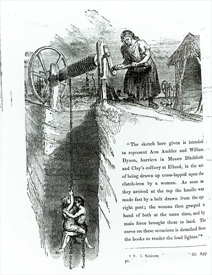 A boy and girl being wound up a mine shaft, illustration printed in the ''Westminster Review'', July from English School