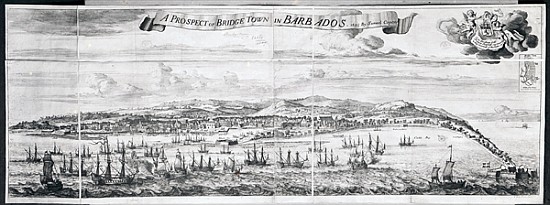 A Prospect of Bridge Town in Barbados, drawn by Samuel Copen and ; engraved by Johannes Kip from English School