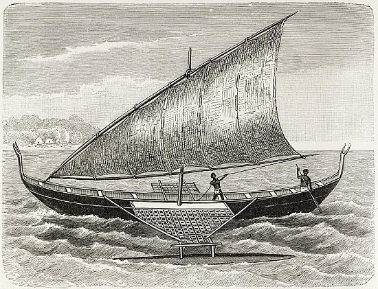 Boat of the Mortlock Islands, with outrigger and sail of rush-matting, from ''The History of Mankind from English School