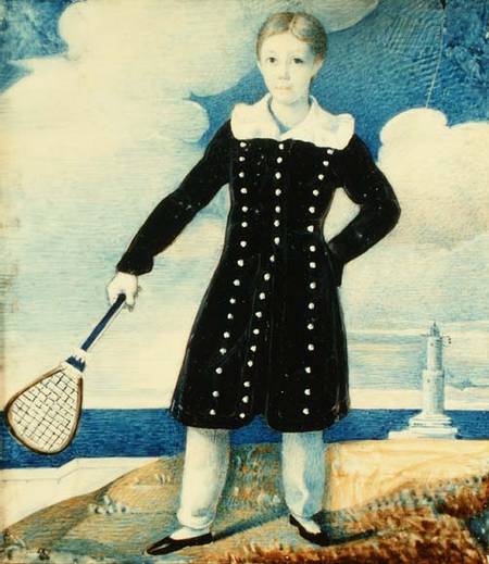 Boy with Badminton Racket (w/c on card) from English School