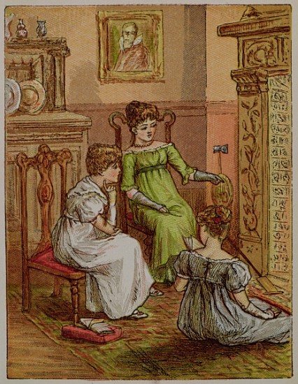 Card depicting a fireside scene from English School