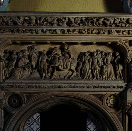 Carved fireplace in the drawing room, depicting Elizabeth I being greeted by the Earl of Hereford in from English School