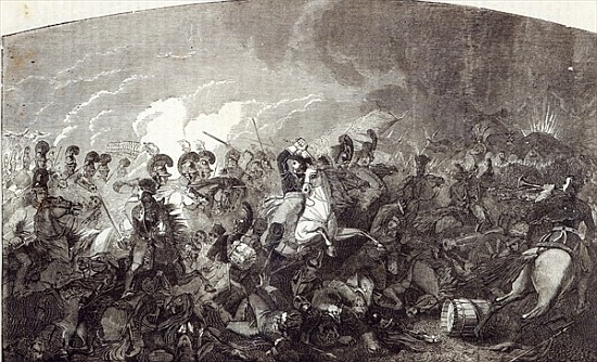 Charge of Lord Somerset''s Heavy Brigade at Waterloo, and total rout of the French Army, illustratio from English School