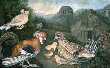 Chicken and Doves near a Farm (w/c from English School