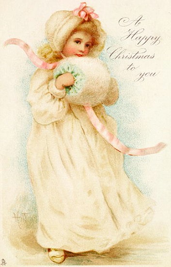 Christmas card depicting a girl with a muff from English School