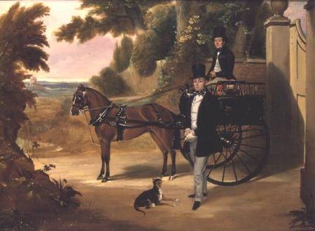 Two gentleman with their trap in a wooded landscape from English School