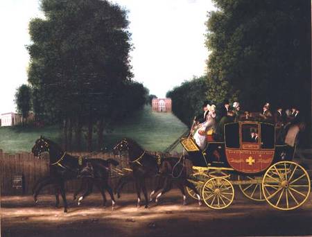 The Godalming and Guildford stagecoach owned by John Kirby Jun and inscribed "licensed to carry six from English School