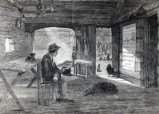 Interior of a settler''s hut in Australia, from ''The Illustrated London News'' from English School