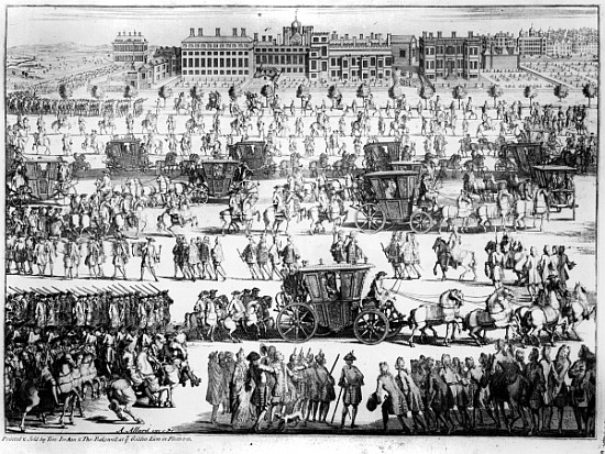 King George I procession to St. James''s Palace, 20th September 1714; engraved by Abraham Allard from English School