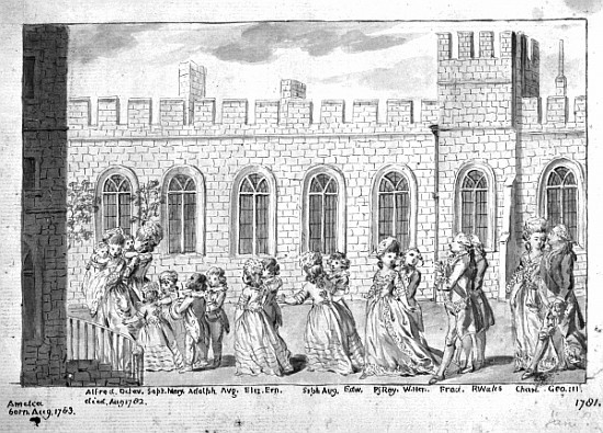 King George III and Queen Charlotte walking in procession with their fourteen children, 1781 (pen &  from English School